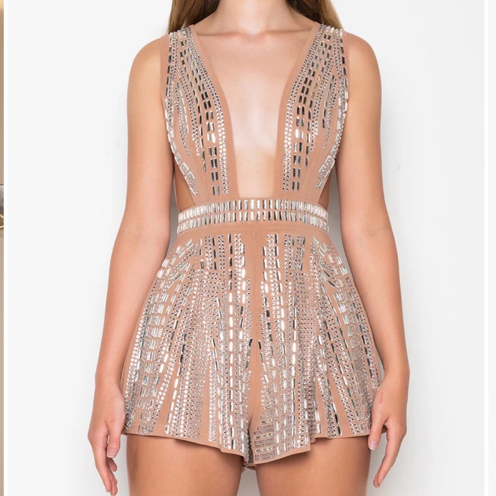 AKIRA Nude Embellished V-Neck Romper with Silver Mirrors